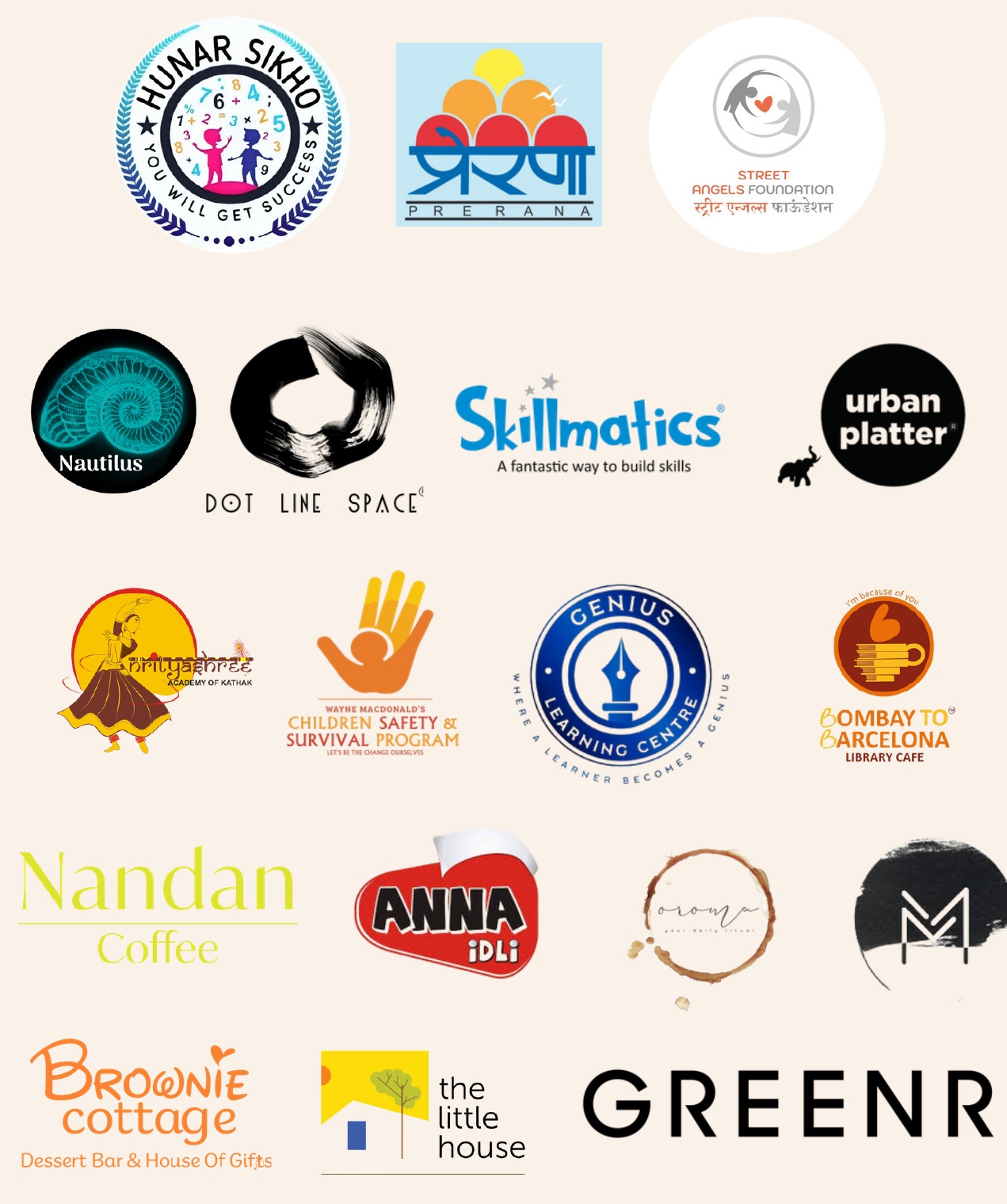 2026 partner logos: Hunar Sikho, Prerana, Street Angels Foundation, Nautilus, Dot Line Space, Skillmatics, Urban Platter, Nrityashree, Wayne MacDonald's Children Safety and Survival Program, Genius Learning Centre, Bombay to Barcelona Library Cafe, Nandan Coffee, Anna Idli, Oroma, M, Brownie Cottage, The Little House and Greenr